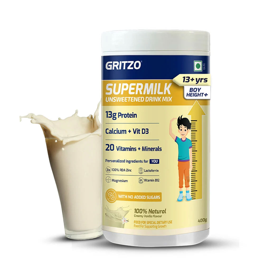 Supermilk Gritzo Height+ Unsweetened for 13+ Yrs Boy Personalized Protein and Nutrition Drink Mix, 400 g Creamy Vanilla