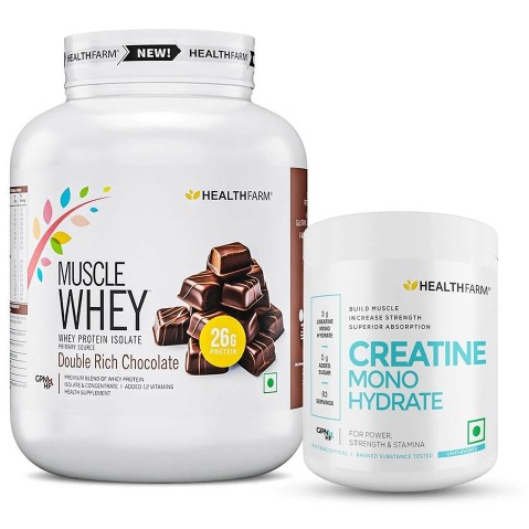 1 - Healthfarm Muscle Whey 4.4lb with Creatine Monohydrate 0.55lb Combo,  2 Piece(s)/Pack  Double Rich Chocolate & Unflavoured 