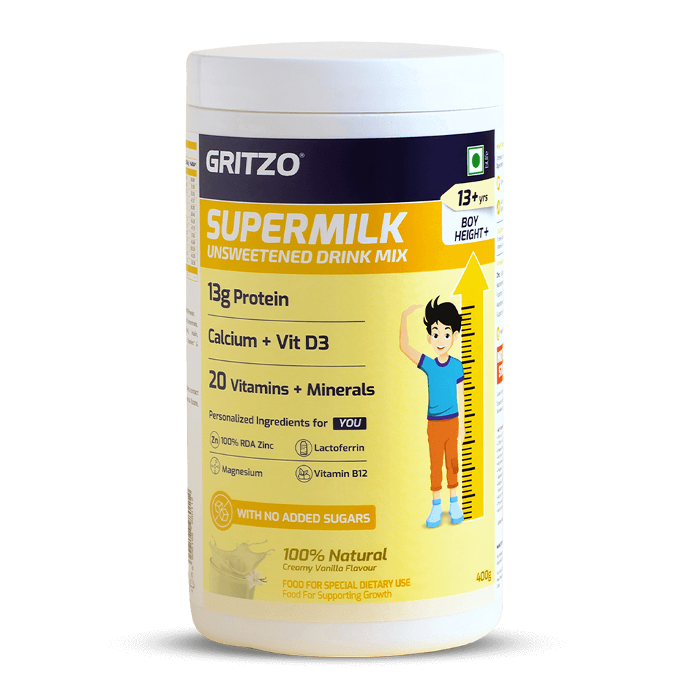 1 - Supermilk Height+ Unsweetened for 13+ Yrs Boy Personalized Protein and Nutrition Drink Mix,  400 g  Creamy Vanilla 
