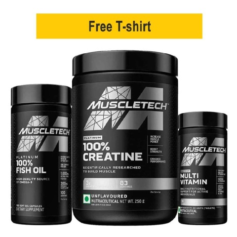 MuscleTech Platinum 100% Creatine Unflavoured 0.55 lb, Platinum100% Fish Oil 100 softgels & Platinum Multi Vitamin Combo,  60 tablet(s)  Unflavoured 