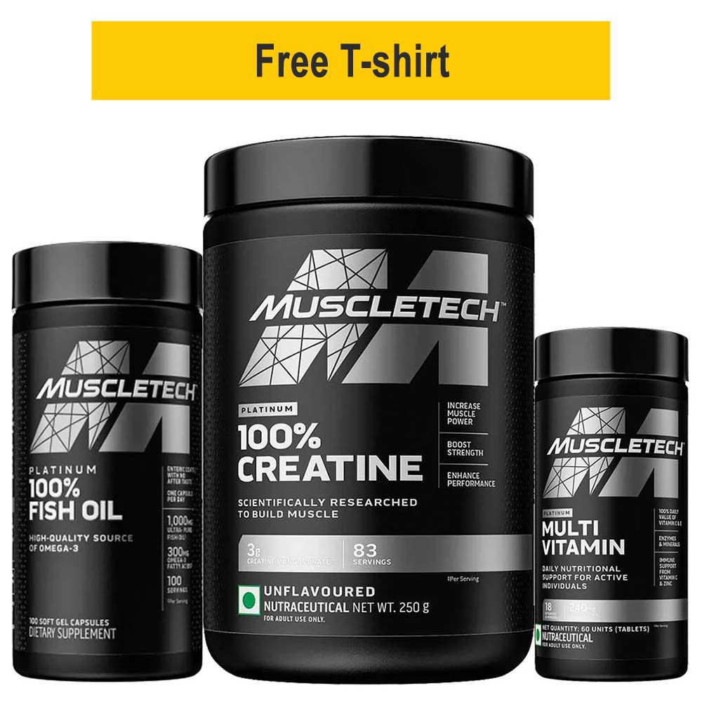 MuscleTech Platinum 100% Creatine Unflavoured 0.55 lb, Platinum100% Fish Oil 100 softgels & Platinum Multi Vitamin Combo,  60 tablet(s)  Unflavoured 