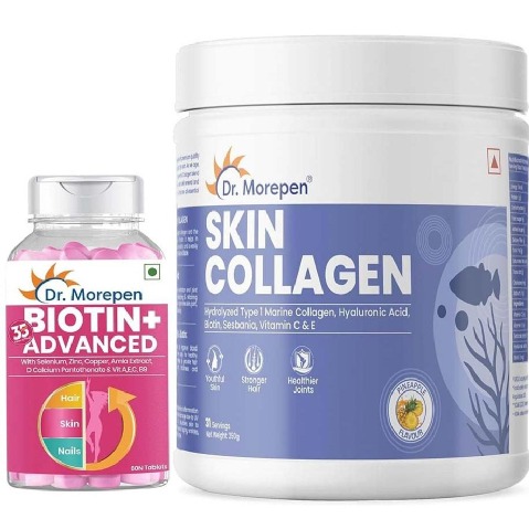 1 - Dr. Morepen Biotin+ Advanced 60 Tablets & Marine Skin Collagen Combo,  250 g  Pineapple 