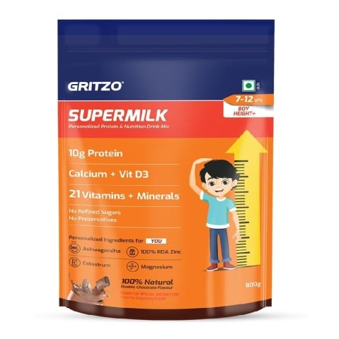 1 - Supermilk Gritzo Height+ for Boy 7-12 Yrs Personalized Protein & Nutrition Drink Mix, 800 g Double Chocolate