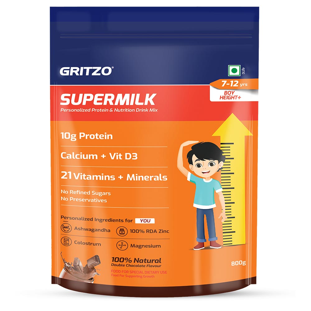 1 - Supermilk Gritzo Height+ for Boy 7-12 Yrs Personalized Protein & Nutrition Drink Mix,  800 g  Double Chocolate 