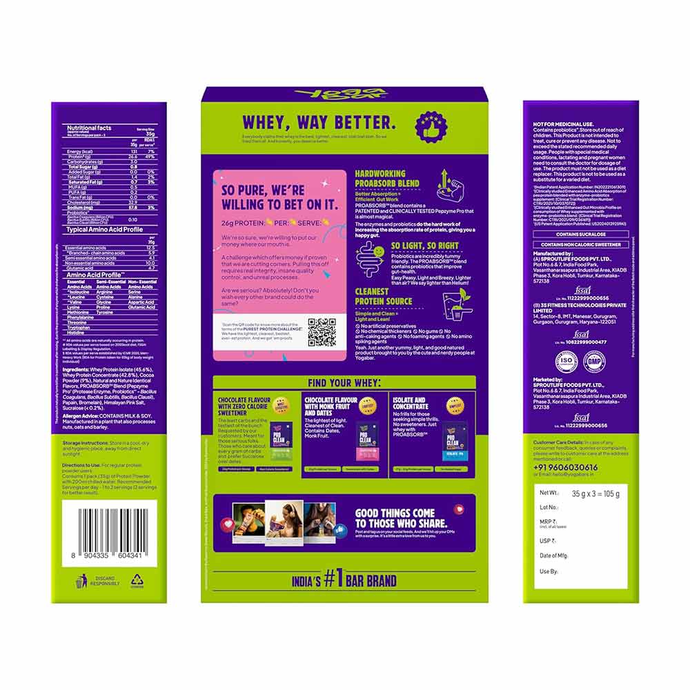 4 - Yogabar Pro Clean Whey,  3 sachets/pack  Chocolate with Zero Calorie Sweetener 