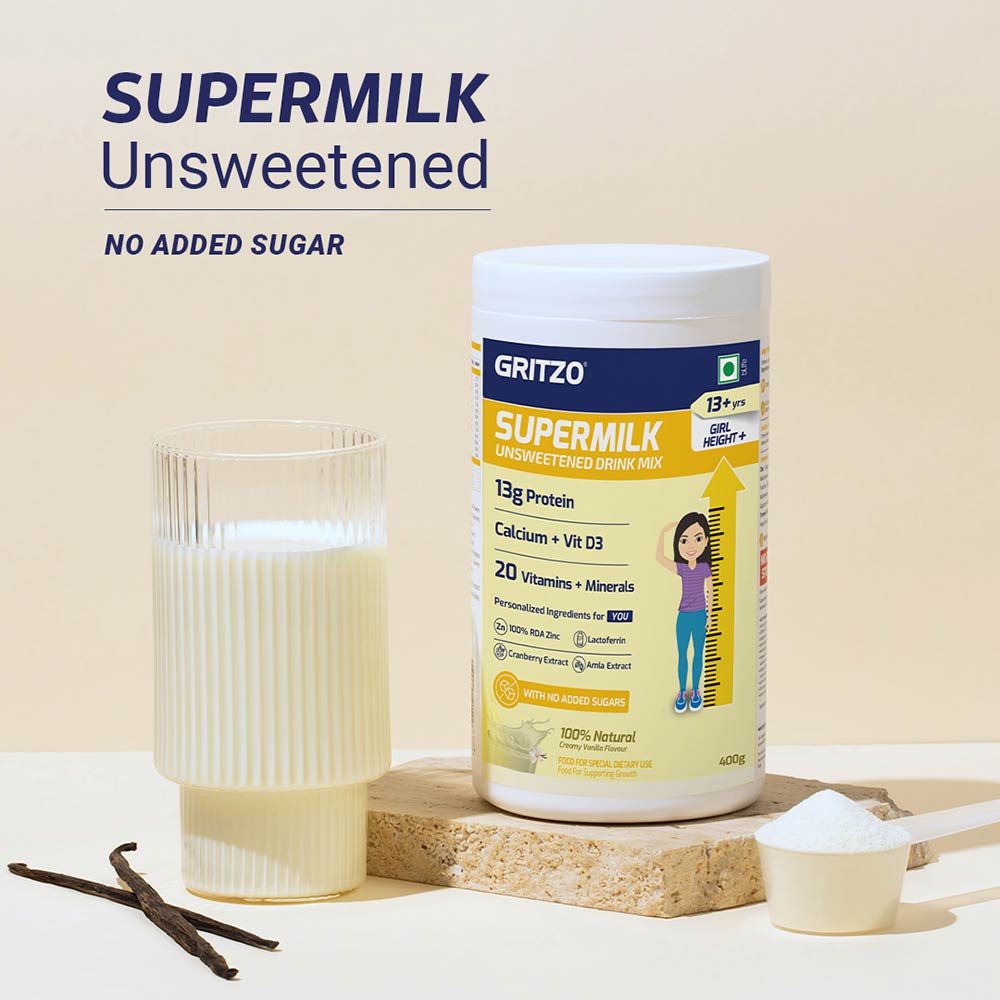 Supermilk Gritzo Height+ Unsweetened for 13+ Yrs Girl Personalized Protein and Nutrition Drink Mix,  400 g  Creamy Vanilla