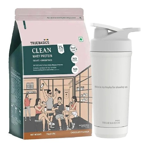 TrueBasics Clean Whey Protein Isolate + Concentrate 2.2 lb Chocolate & Steel Pro Shaker 700 ml Combo