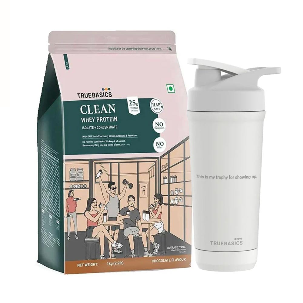 TrueBasics Clean Whey Protein Isolate + Concentrate 2.2 lb Chocolate & Steel Pro Shaker 700 ml Combo
