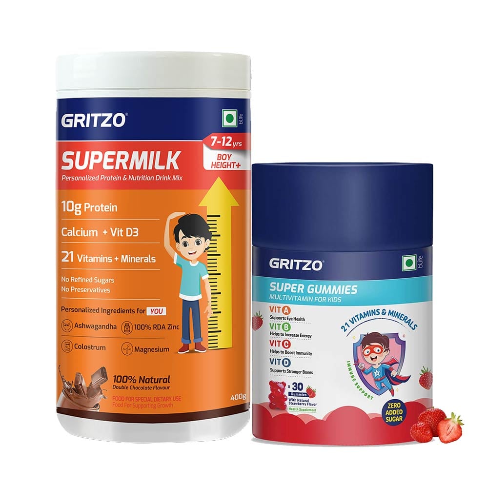 Gritzo SuperMilk Height+ for 7-12 Yrs Boy 400 g Double Chocolate & Gummies Multivitamin Combo
