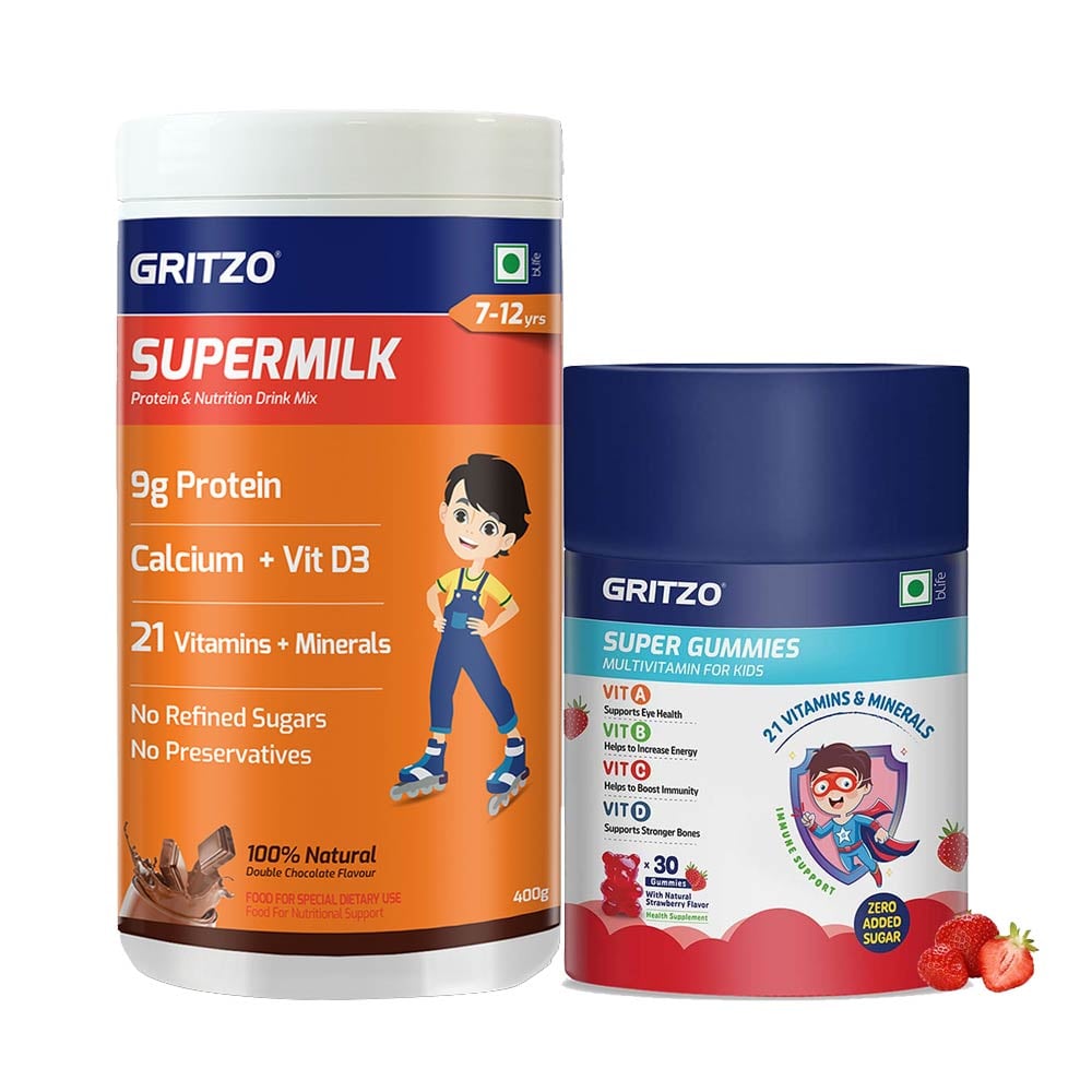 Gritzo SuperMilk Overall Growth for 7-12 Yrs Boy 400 g Double Chocolate & Gummies Multivitamin Combo