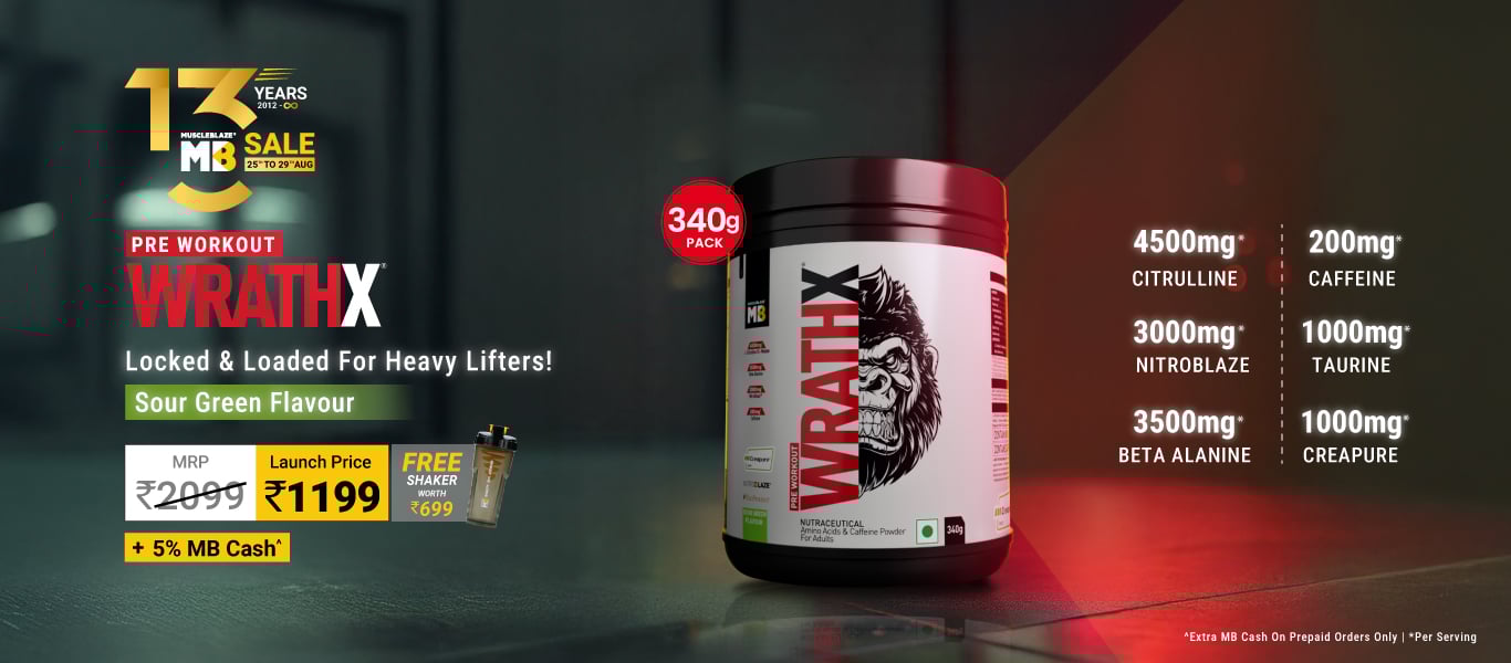 Launch: 340g MuscleBlaze Pre Workout WrathX Sour Green @ 1199 + Free Shaker + 5% MB Cash