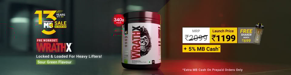 Launch: 340g Pre Workout WrathX Sour Green @ 1199 + Free sHaker + 5% MB Cash