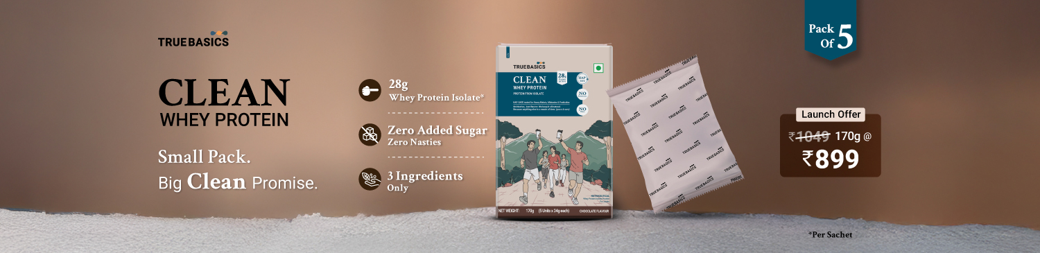 TrueBasics Clean Whey Protein (Isolate), 170 g (0.37 lb), Chocolate Pack of 5 (34 g x 5) | Launch - 899