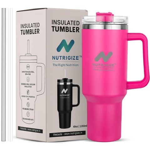 1 - GHC Nutrigize Stainless Steel Tumbler Hot and Cold with Handle and Steel straw,  Dark Pink  1.2 L 