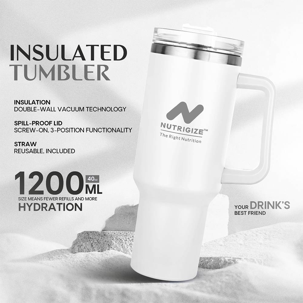 2 - GHC Nutrigize Stainless Steel Tumbler Hot and Cold with Handle and Steel straw,  White  1.2 L 