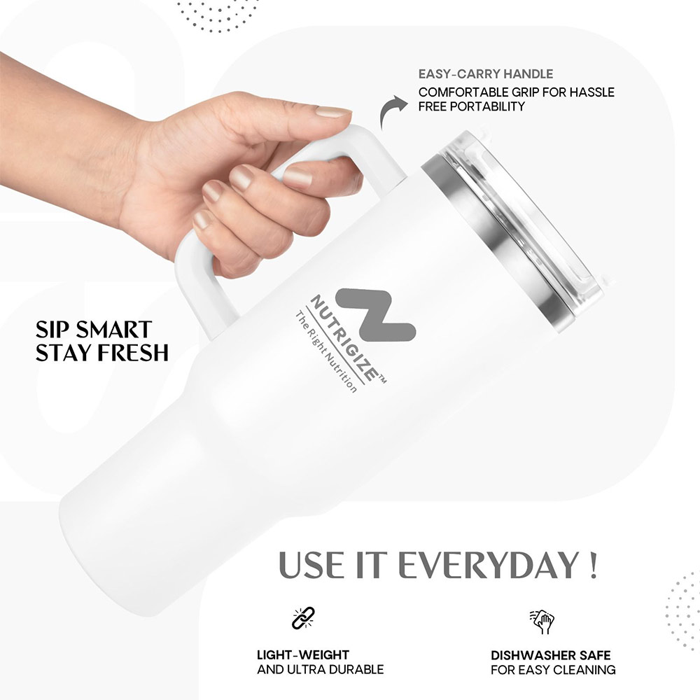 3 - GHC Nutrigize Stainless Steel Tumbler Hot and Cold with Handle and Steel straw,  White  1.2 L 