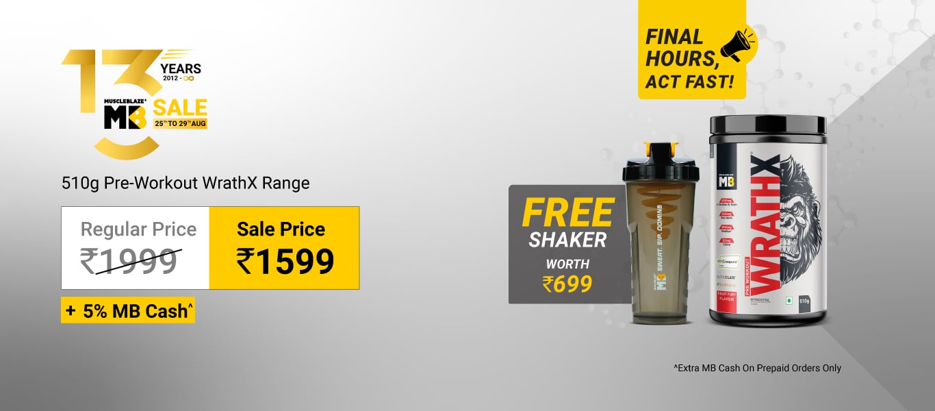 Few Hours Left: Pre Workout WrathX, 510 g (1.12 lb) Range @ 1199 + Free Shaker + 5% MB Cash