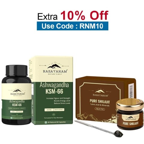 Rasayanam Ashwagandha KSM-66 60 Capsules & Pure Himalayan Shilajit Combo,  20 g 