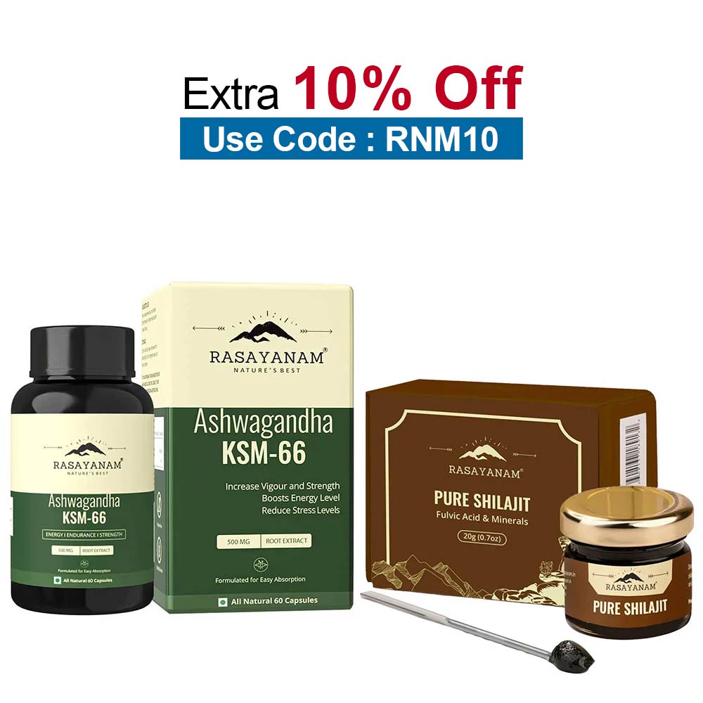 Rasayanam Ashwagandha KSM-66 60 Capsules & Pure Himalayan Shilajit Combo,  20 g 