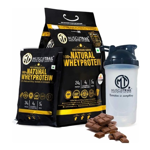 1 - Muscle Trail Gold Standard Series 100% Natural Whey Protein,  60 sachets/pack  Chocolate (with Free Shaker Inside) 