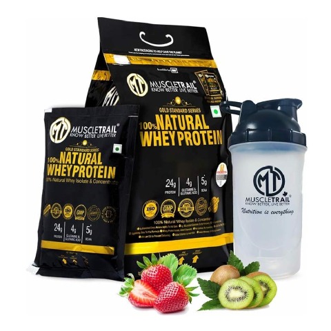 1 - Muscle Trail Gold Standard Series 100% Natural Whey Protein, 60 sachets/pack Strawberry Kiwi (with Free Shaker Inside)