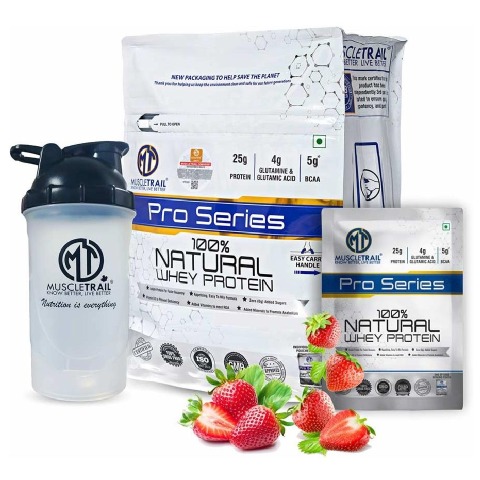 1 - Muscle Trail Pro Series 100% Natural Whey Protein,  50 sachets/pack  Strawberry (with Free Shaker Inside) 