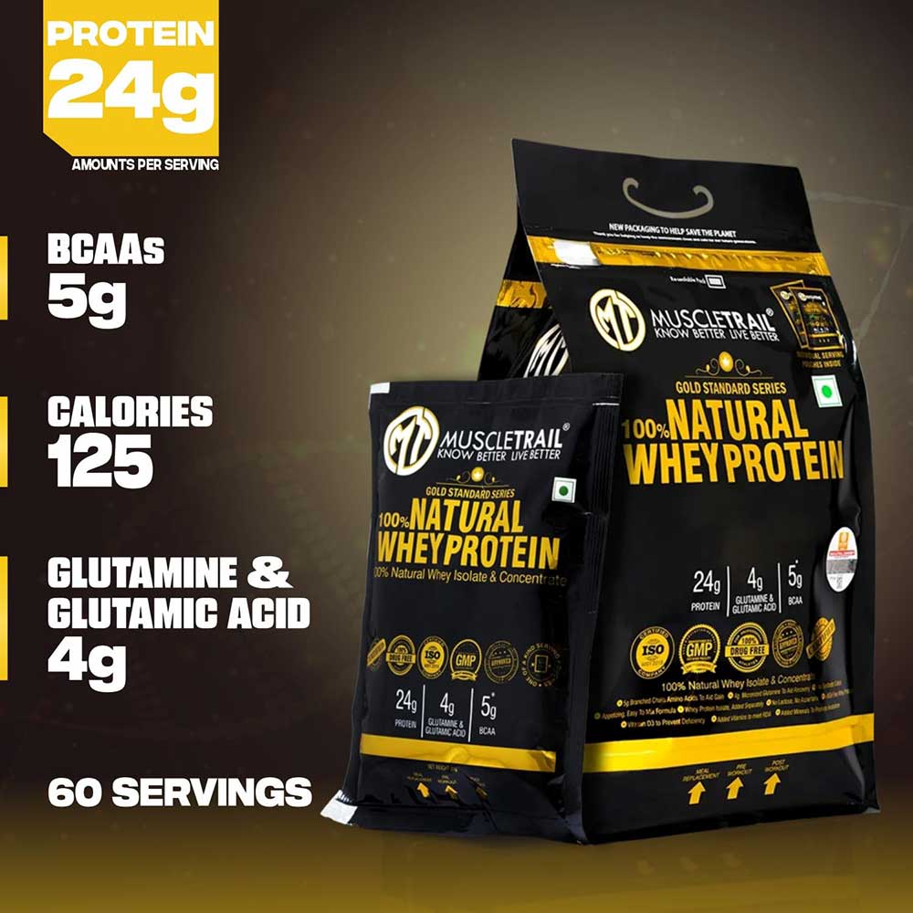 7 - Muscle Trail Gold Standard Series 100% Natural Whey Protein,  60 sachets/pack  Cappuccino (with Free Shaker Inside) 