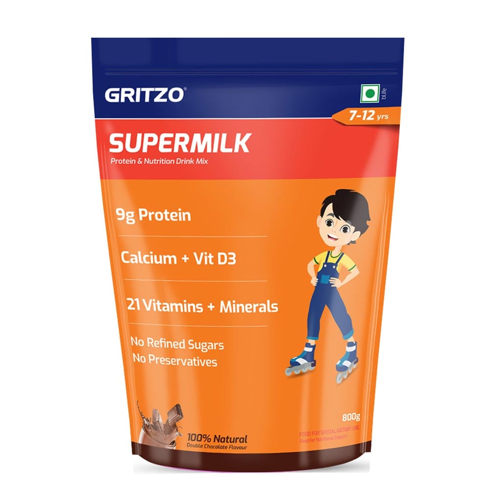 8 - Supermilk Gritzo Overall Growth for Boy 7-12 Yrs Protein & Nutrition Drink Mix,  800 g  Double Chocolate 
