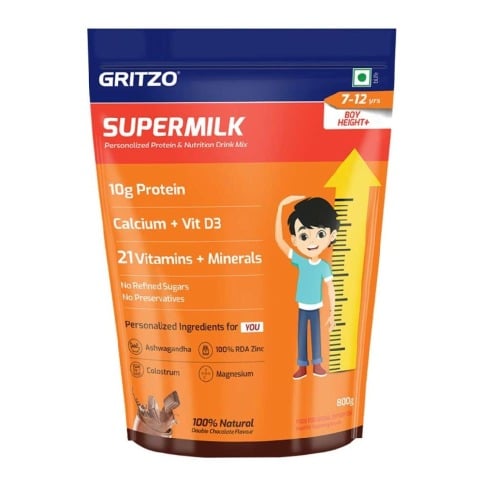 9 - Supermilk Gritzo Height+ for Boy 7-12 Yrs Personalized Protein & Nutrition Drink Mix,  800 g  Double Chocolate 