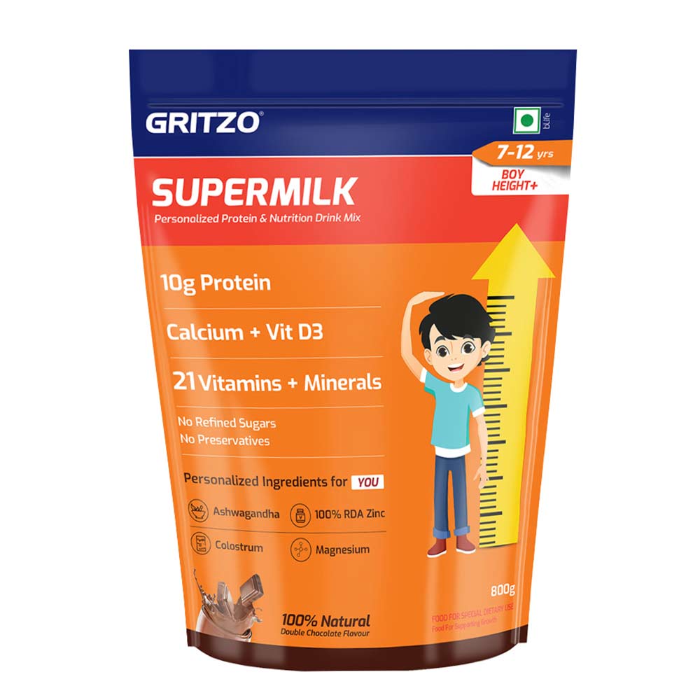 9 - Supermilk Gritzo Height+ for Boy 7-12 Yrs Personalized Protein & Nutrition Drink Mix,  800 g  Double Chocolate 