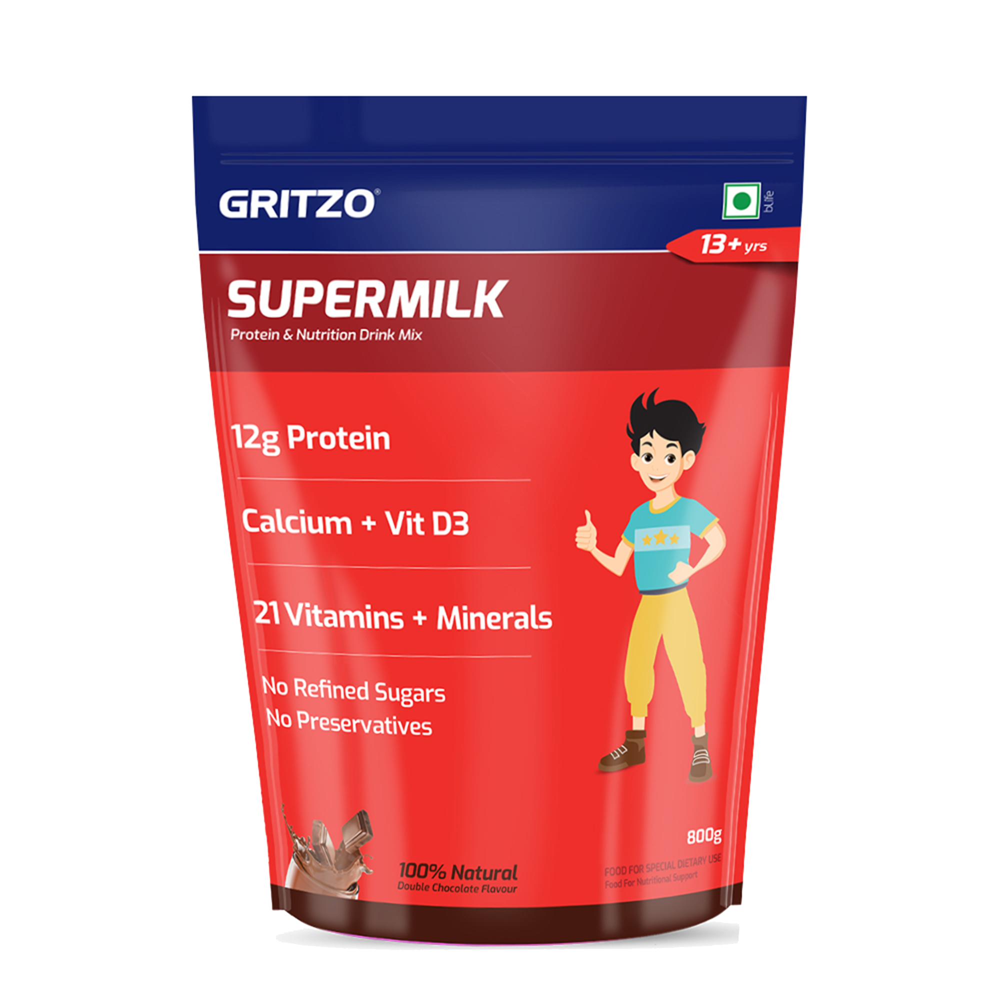 9 - Supermilk Overall Growth for Boy 13+ years,  1 kg  Double Chocolate  13+ Yrs  Boy  Overall Growth  With Unrefined Sugar 