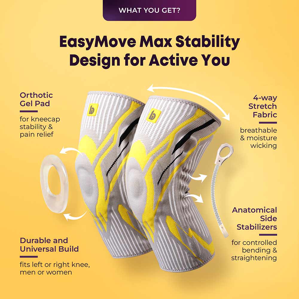 2 - betterhood Premium Knee Sleeve with with Gel Pad & Side Stabilizers,  Grey (Pack of 2)  Large 