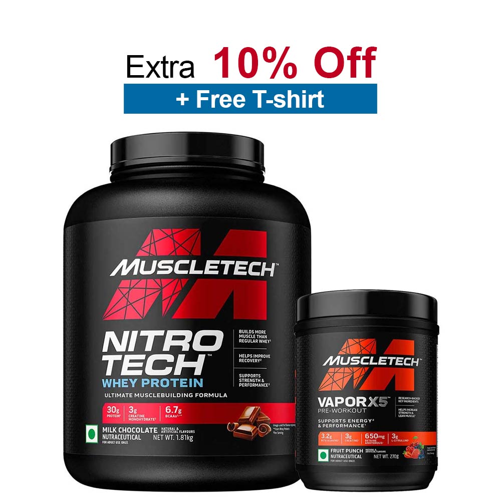 MuscleTech NitroTech Whey Protein 4 lb Milk Chocolate(India) & Vapor X5 Combo,  0.59 lb  Fruit Punch 