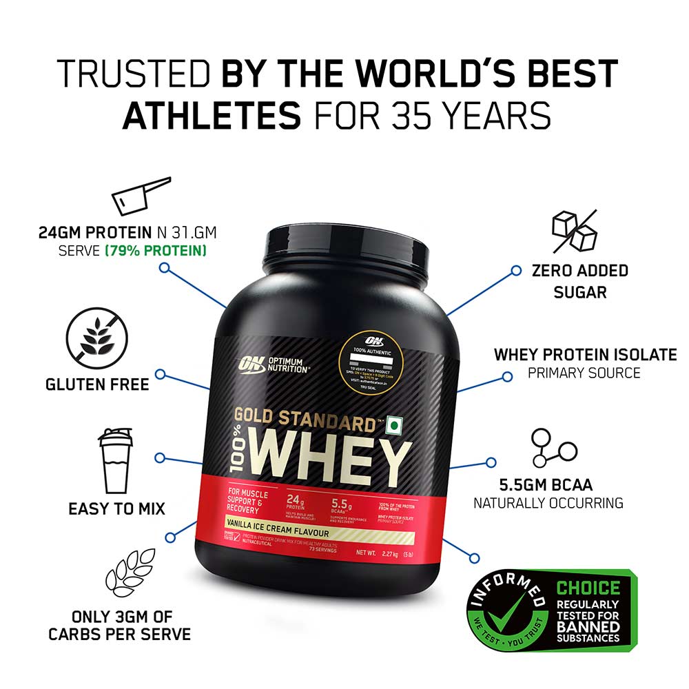 2 - ON (Optimum Nutrition) Gold Standard 100% Whey Protein,  5 lb  Vanilla Ice Cream 