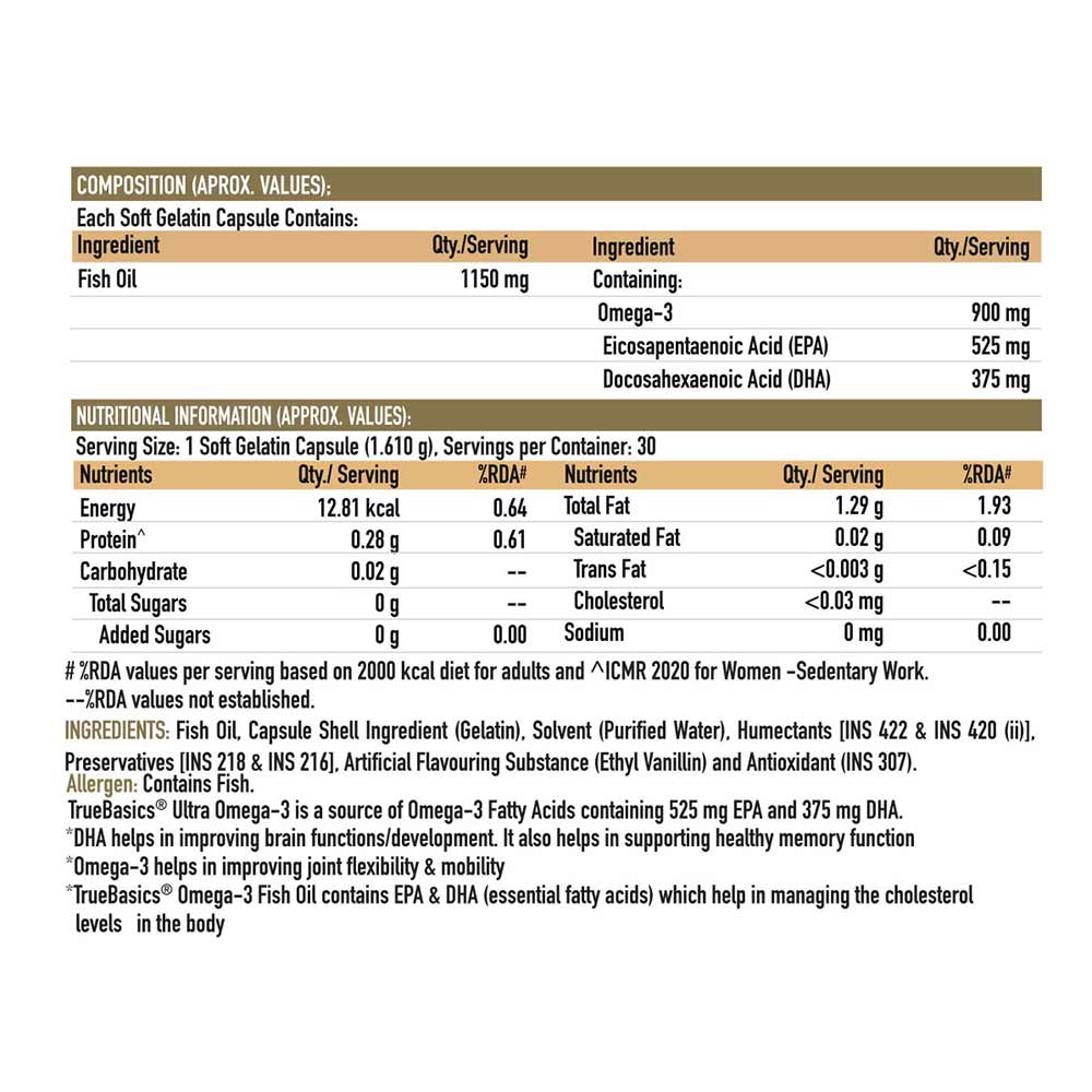 1 - TrueBasics Ultra Omega-3 (EPA 525mg & DHA 400mg),  30 capsules 