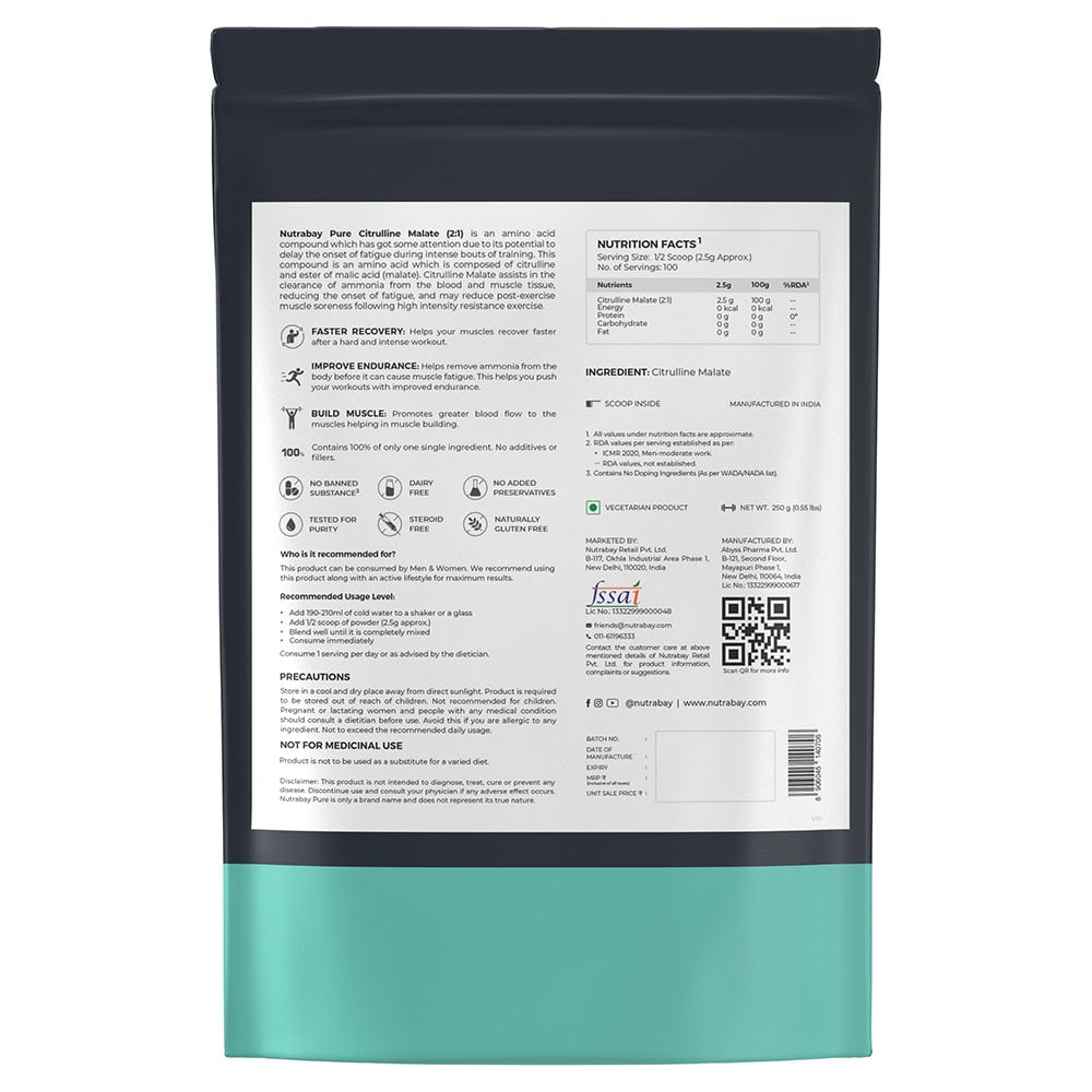 6 - Nutrabay Pure Citrulline Malate Amino Acid,  0.55 lb  Unflavoured 