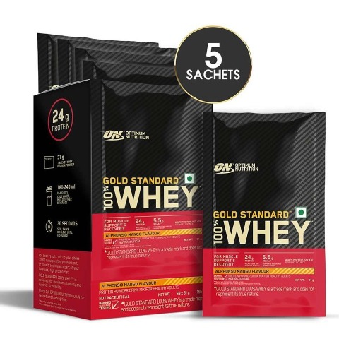 1 - ON (Optimum Nutrition) Gold Standard 100% Whey Protein,  5 sachets/pack  Alphonso Mango 