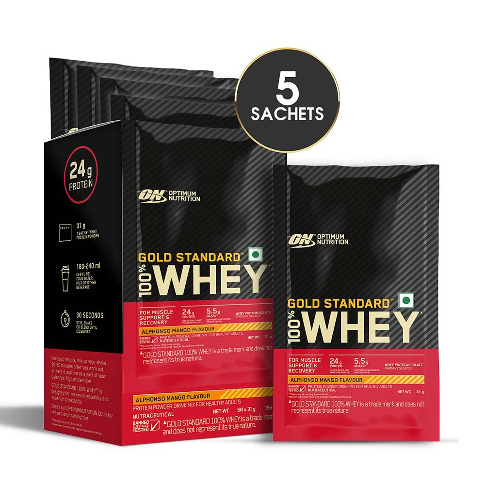 1 - ON (Optimum Nutrition) Gold Standard 100% Whey Protein,  5 sachets/pack  Alphonso Mango 