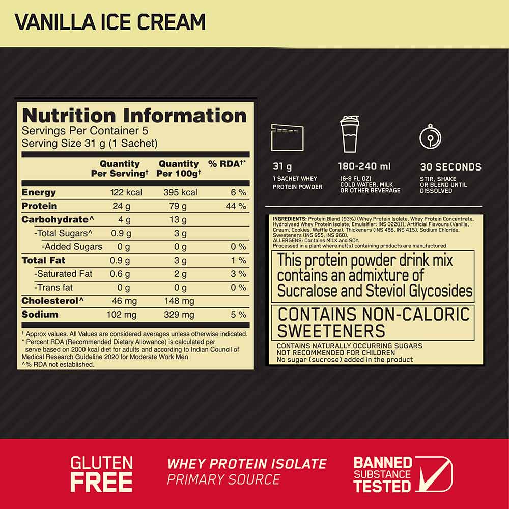 10 - ON (Optimum Nutrition) Gold Standard 100% Whey Protein,  5 sachets/pack  Vanilla Ice Cream 