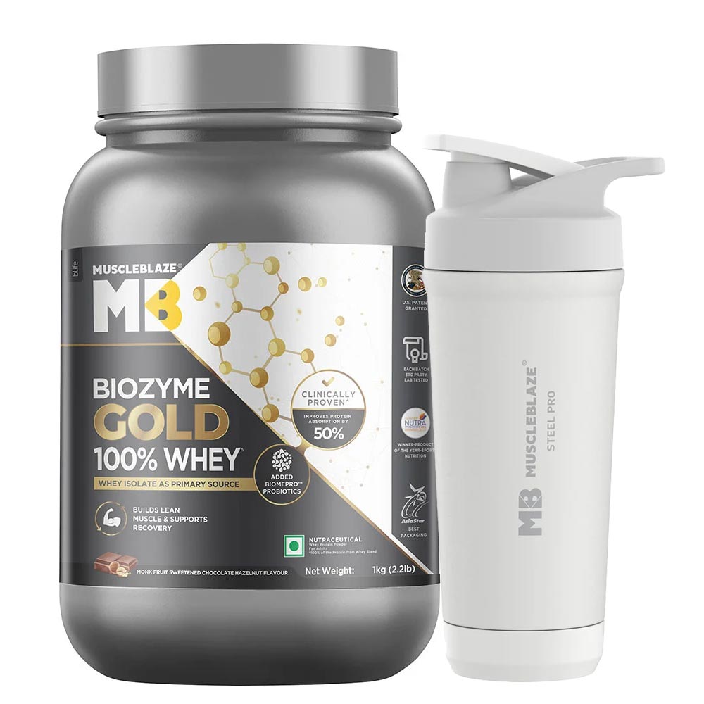 Biozyme Gold Whey 1 kg Chocolate Hazelnut & Steel Shaker Pro 700 ml Combo