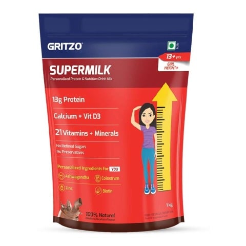 11 - Supermilk Gritzo Height+ for 13+ Yrs Girls Personalized Protein & Nutrition Drink Mix,  1 kg  Double Chocolate - Pouch 