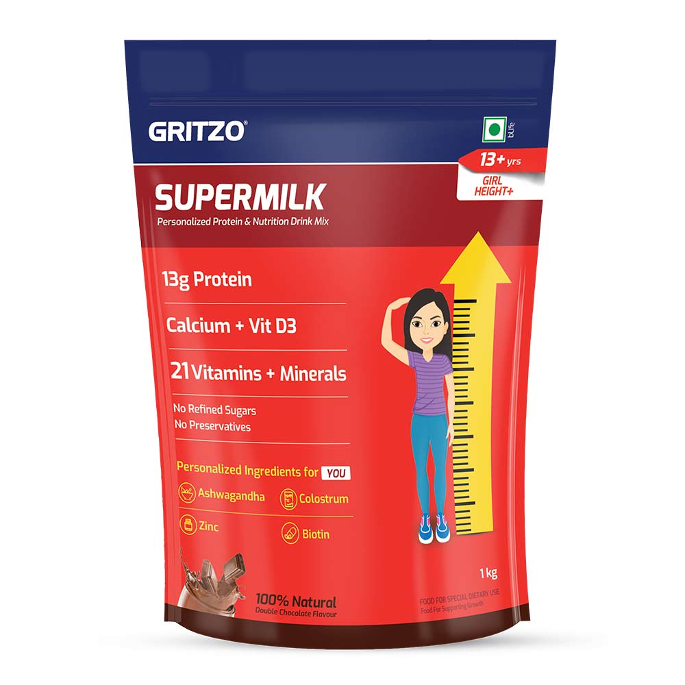 11 - Supermilk Gritzo Height+ for 13+ Yrs Girls Personalized Protein & Nutrition Drink Mix,  1 kg  Double Chocolate - Pouch 