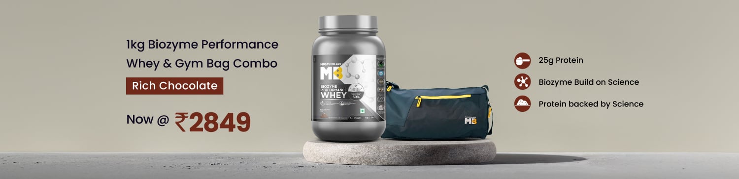 MuscleBlaze Biozyme Performance Whey 1kg Rich Chocolate & Gym Bag Combo | Now @ 2849