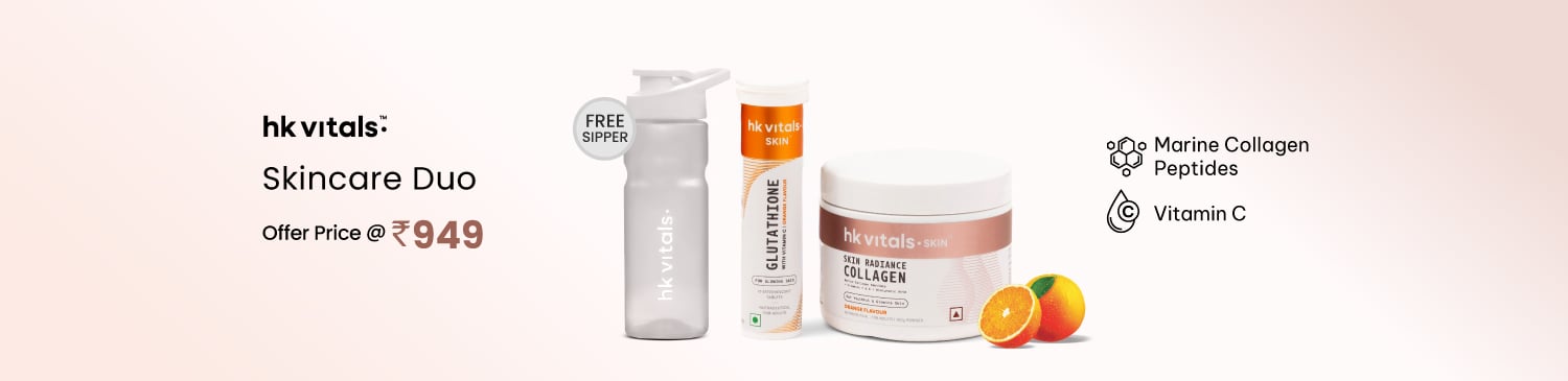 HealthKart HK Vitals Skin Radiance Collagen 100 g & Glutathione Effervescent 15 Tabs Orange Combo | Now @ Just Rs. 949 + Free Sipper