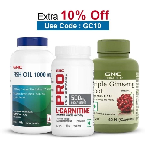GNC Herbal Plus Triple Ginseng Root 60 Capsules with Fish Oil 60 Softgels & L-Carnitine 30 Tablets Combo,  3 Piece(s)/Pack 