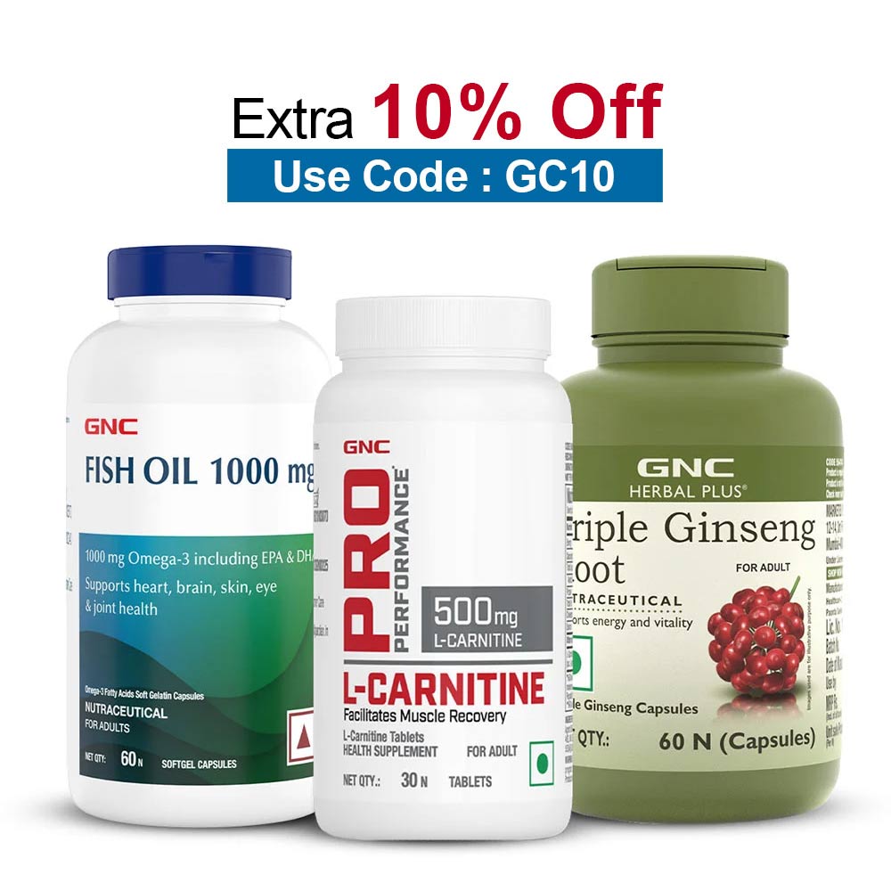 GNC Herbal Plus Triple Ginseng Root 60 Capsules with Fish Oil 60 Softgels & L-Carnitine 30 Tablets Combo,  3 Piece(s)/Pack 