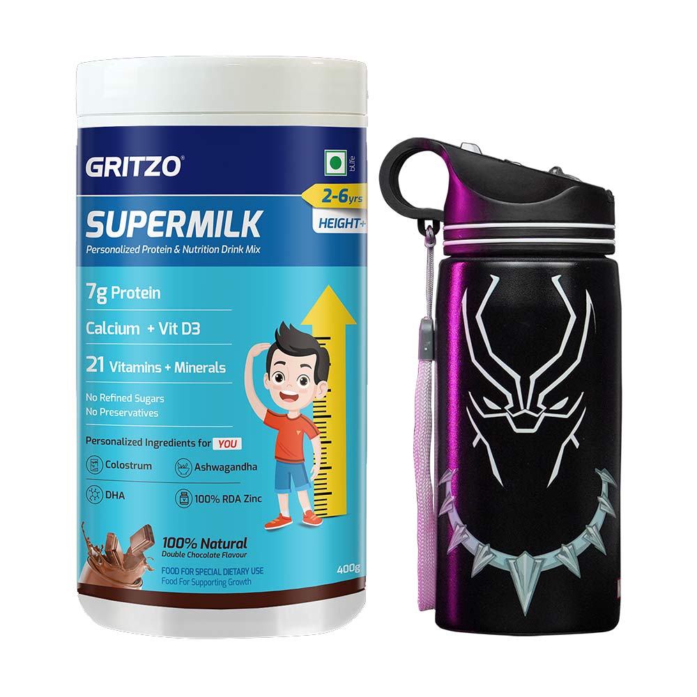 Supermilk Height+ for Boy/Girl 2 to 6 Yrs 400g and Black Panther Sipper 500ml Combo