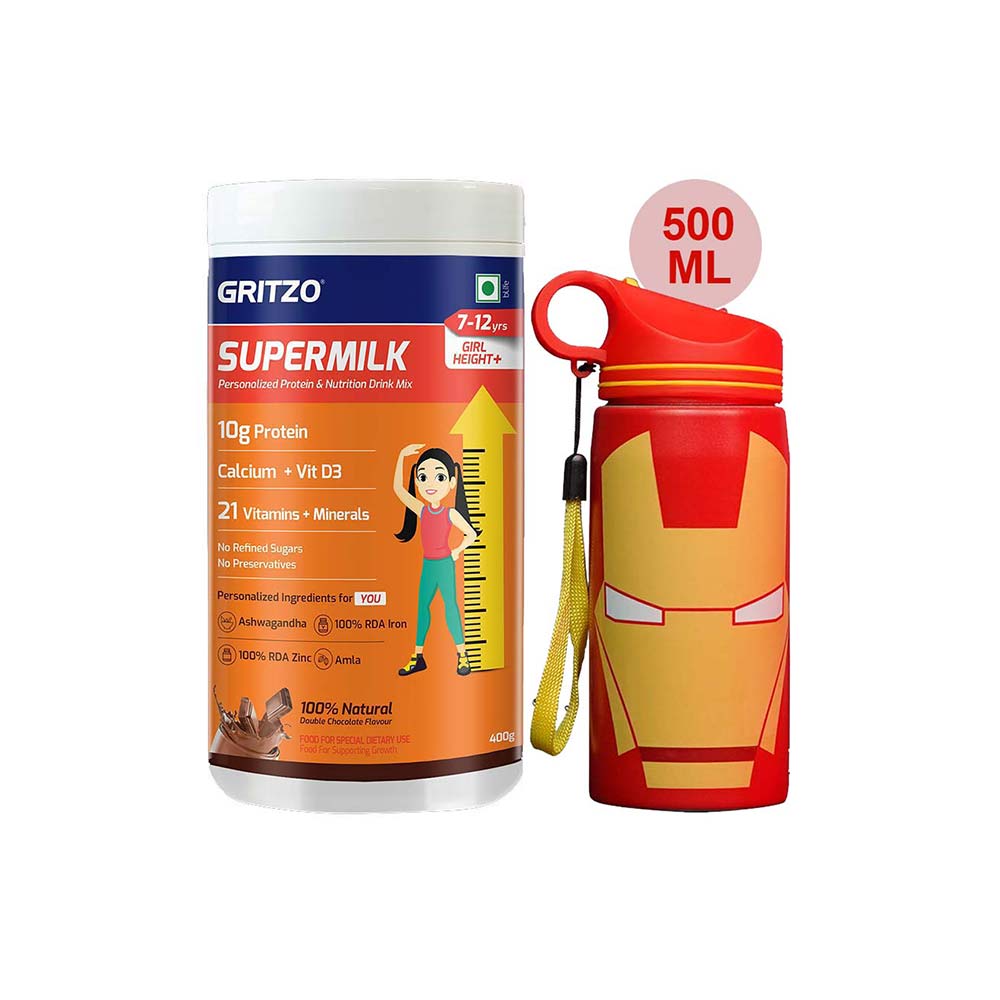 Supermilk Height+ for Girl 7 to 12 Yrs 400g and 500ml Iron Man Sipper Combo