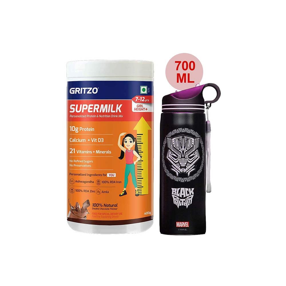 Supermilk Height+ for Girl 7 to 12 Yrs 400g and 700ml Black Panther Sipper Combo