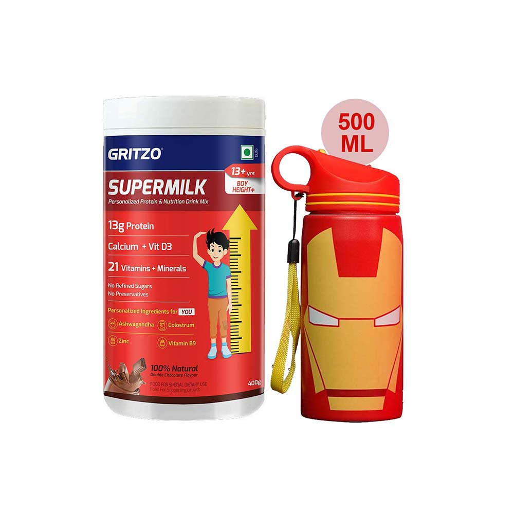 Supermilk Height+ for Boy 13+ Yrs 400g Double Chocolate and 500ml Iron Man Sipper Combo